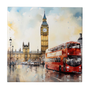 Big Ben and red bus in London Ceramic Tile