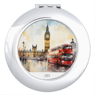 Big Ben and red bus in London Compact Mirror