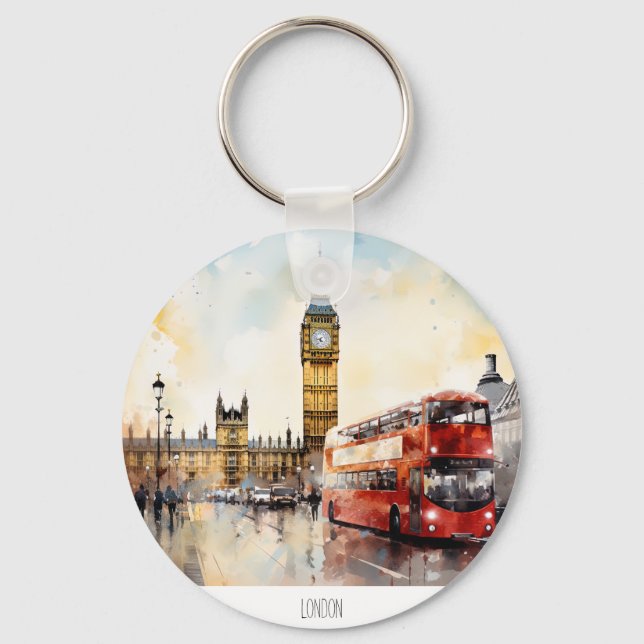 Big Ben and red bus in London Keychain (Front)