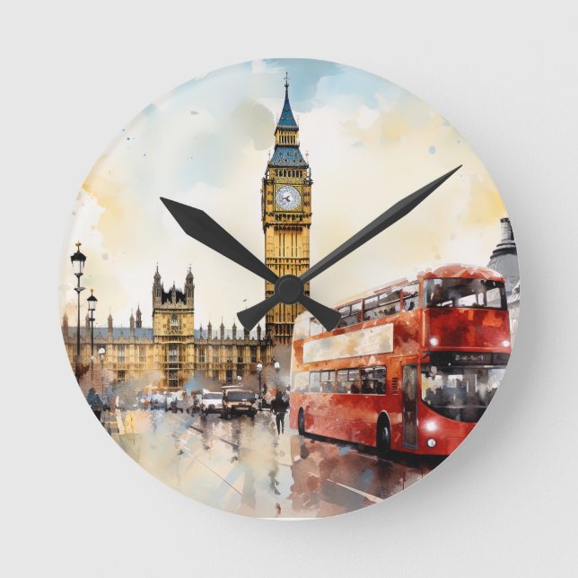 Big Ben and red bus in London Round Clock (Front)