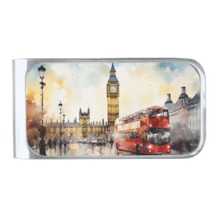 Big Ben and red bus in London Silver Finish Money Clip