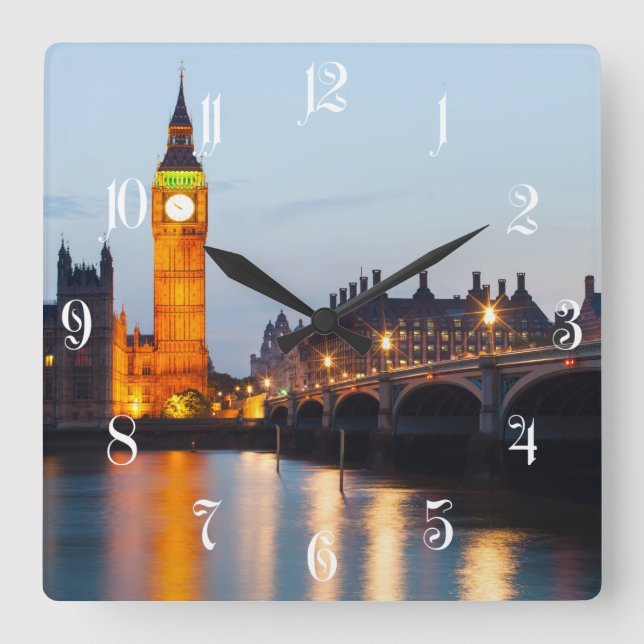 Big Ben and Westminster Bridge in the evening Square Wall Clock (Front)
