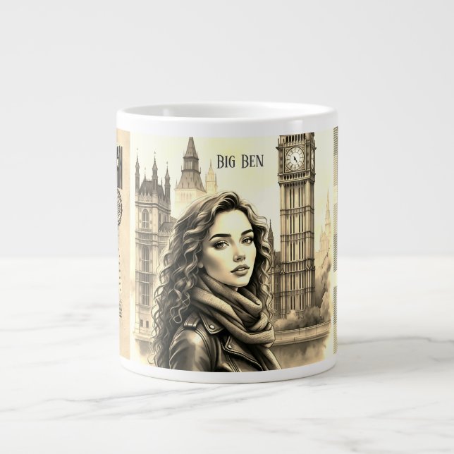 Big Ben Clock,Female Traveler at Big Ben London Giant Coffee Mug (Front)