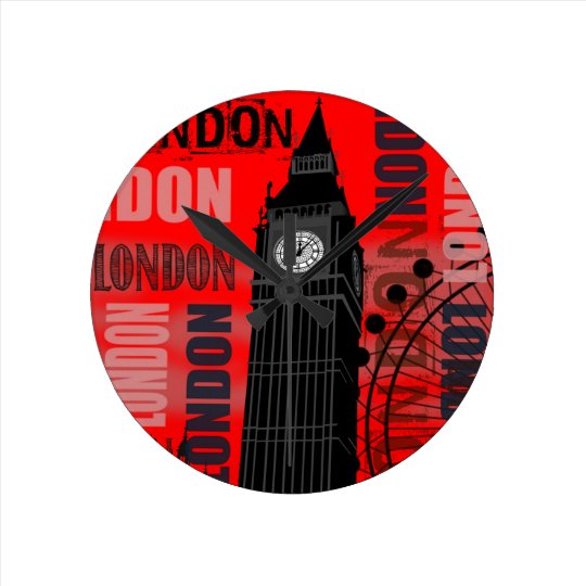 Big Ben London Collage Red Background Modern Round Clock Zazzle Com Big Ben London Collage Red Background, Big Round Clock
