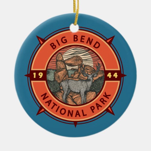 Big Bend National Park Elk Retro Compass Emblem Ceramic Ornament