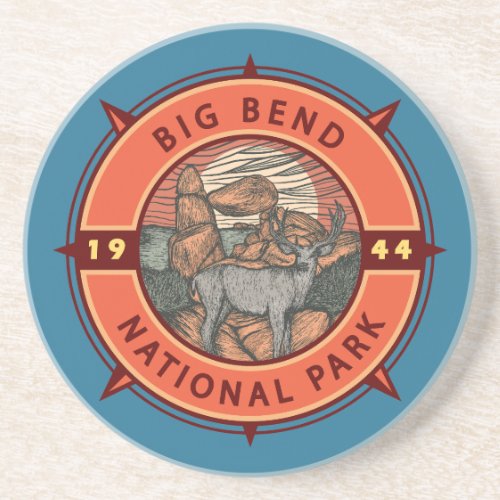 Big Bend National Park Elk Retro Compass Emblem Coaster
