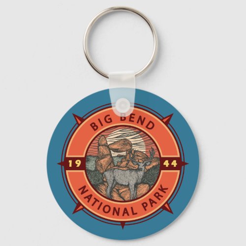 Big Bend National Park Elk Retro Compass Emblem Keychain