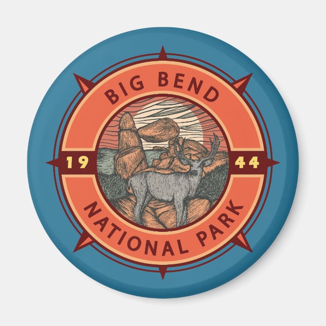 Big Bend National Park Elk Retro Compass Emblem Magnet (Front)