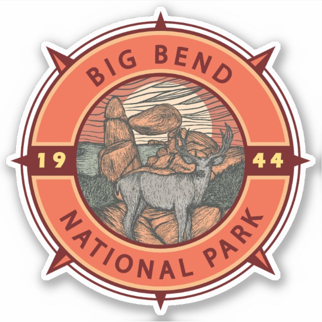 Big Bend National Park Elk Retro Compass Emblem Sticker (Front)