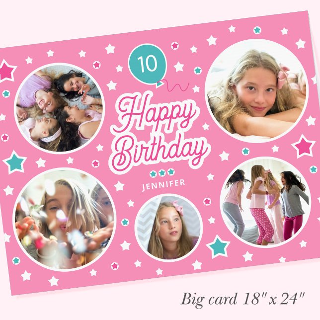 Big Birthday Any Age Name Photo Stars Bright Pink Card (Creator Uploaded)