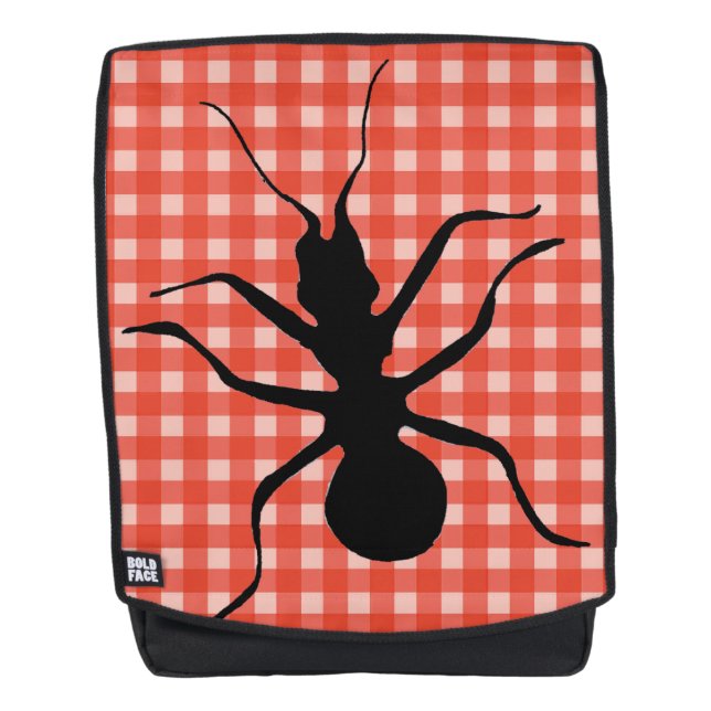 Big Black Ant Illustration on Red White Plaid Backpack (Front)