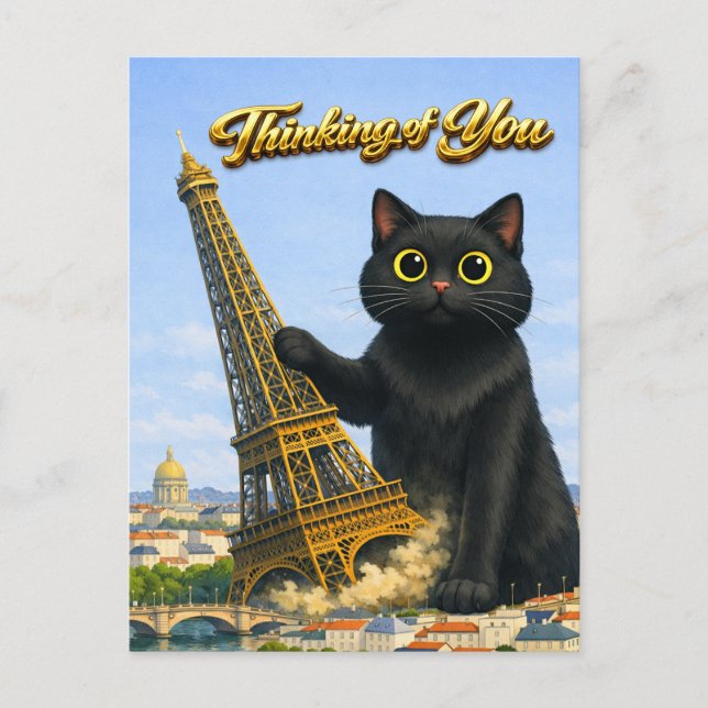 Big Black Cat Topples Eiffel Tower Thinking of You Postcard (Front)