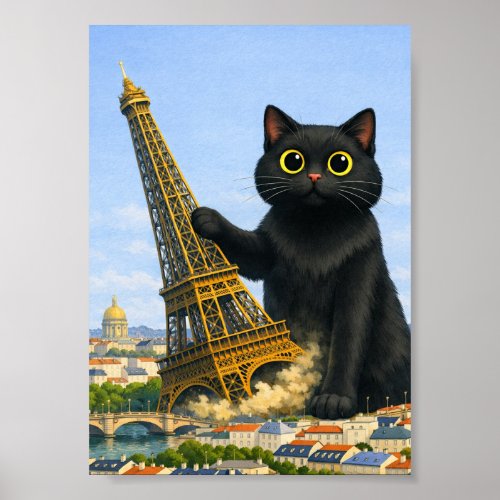 Big Black Cat Topples Eiffel Tower Thinking of You Poster