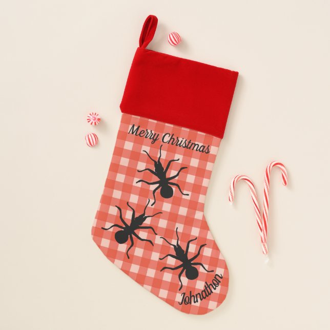 Big Black Crawling Christmas Ants on Plaid Stocking (Front)