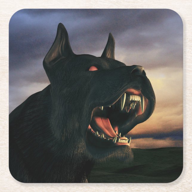 Big, black dog square paper coaster (Front)