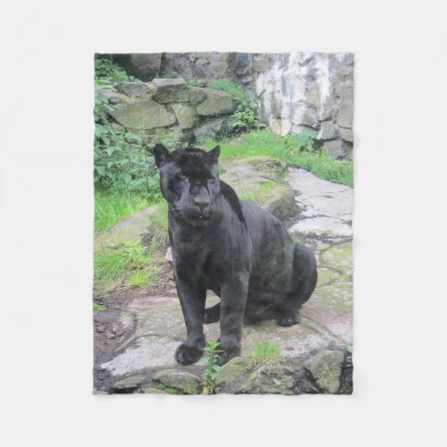 Big Black Jaguar Cat on Sitting on Rock Fleece Blanket