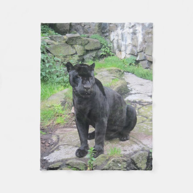 Big Black Jaguar Cat on Sitting on Rock Fleece Blanket (Front)