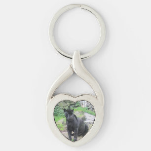 Big Black Jaguar Cat on Sitting on Rock Keychain