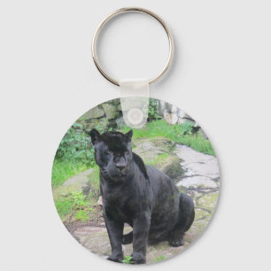 Big Black Jaguar Cat on Sitting on Rock Keychain