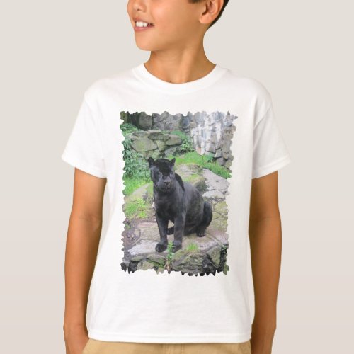 Big Black Jaguar Cat on Sitting on Rock T_Shirt