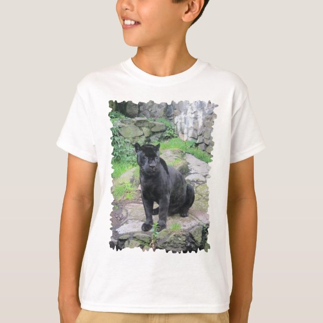 Big Black Jaguar Cat on Sitting on Rock T-Shirt (Front)