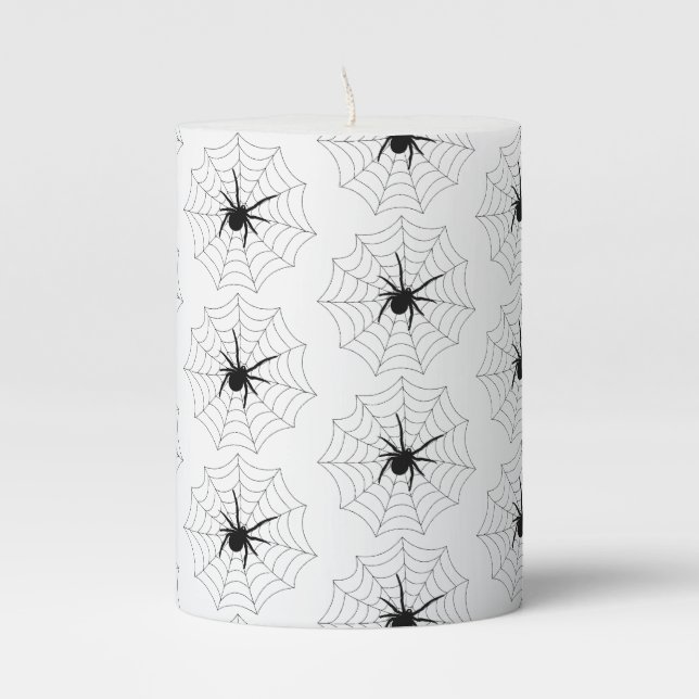 Big Black Spider Web Design Halloween Pattern Pillar Candle (Front)