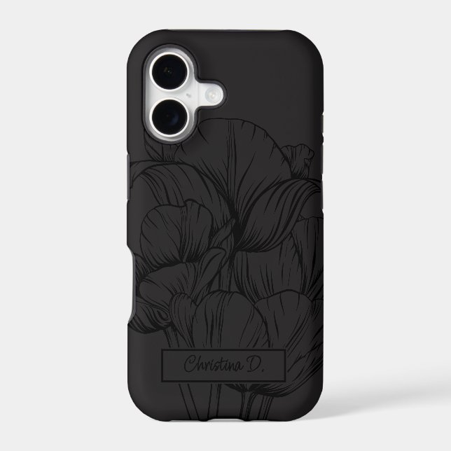 Big Black Tulips Line Drawing on Grey with Name iPhone Case (Back)