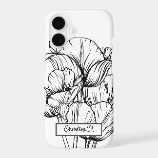 Big Black Tulips Line Drawing on White with Name iPhone 17 Case