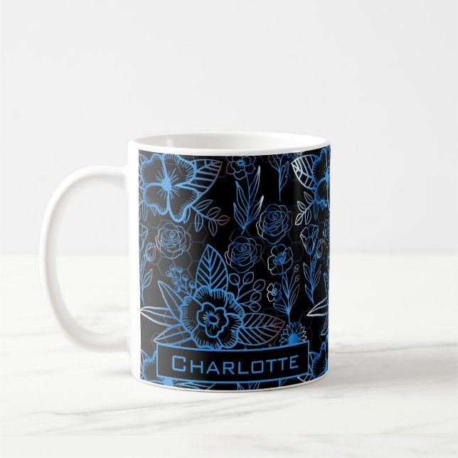 Big blossom floral pattern blue personalized name  coffee mug (Left)