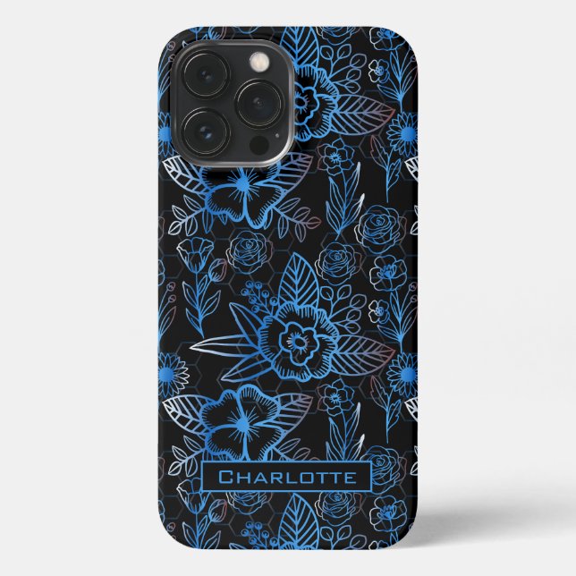 Big blossom floral pattern blue personalized name  iPhone case (Back)