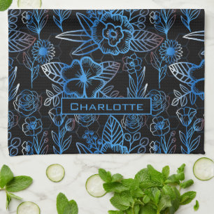 Big blossom floral pattern blue personalized name kitchen towel