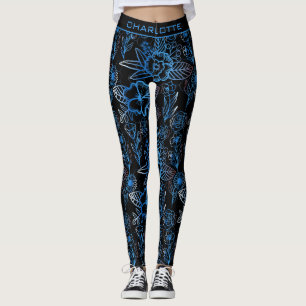 Big blossom floral pattern blue personalized name leggings