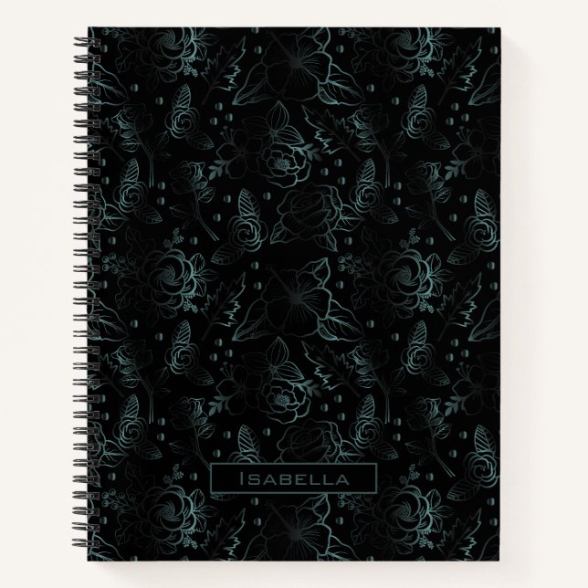 Big blossom floral pattern gray personalized name  notebook (Front)