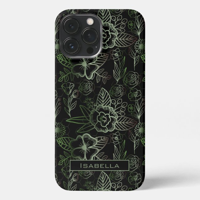 Big blossom floral pattern green personalized name iPhone case (Back)