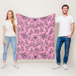 Big blossom floral pattern pink personalized name fleece blanket