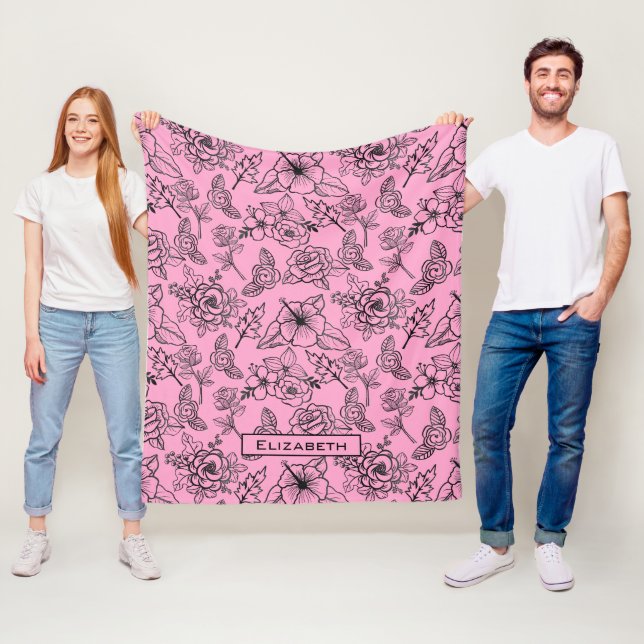 Big blossom floral pattern pink personalized name  fleece blanket (In Situ)
