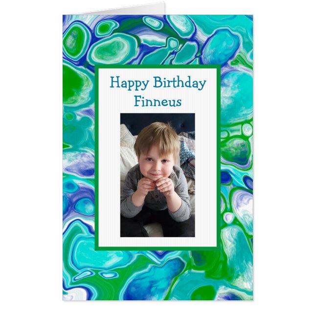 Big Blue and Green Marble Fluid Art Birthday Photo Card (Front)