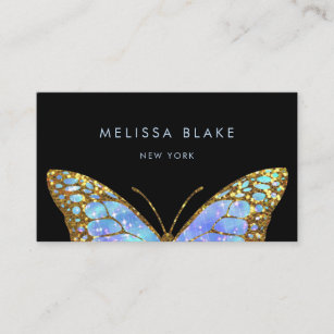 big blue butterfly on black business card