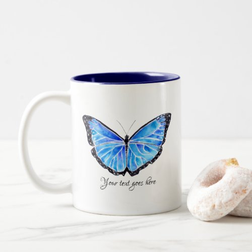 Big Blue Butterfly Watercolor Personalized Text Two_Tone Coffee Mug