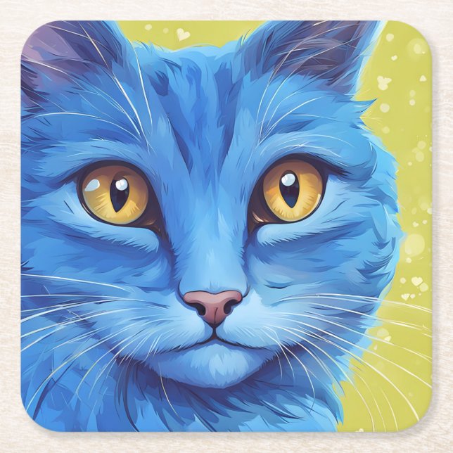 Big Blue Cat. Square Paper Coaster (Front)
