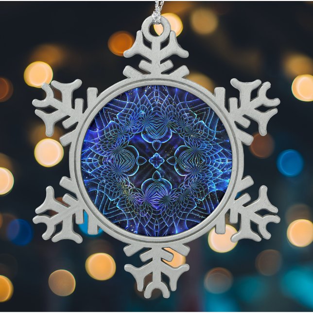 Big Blue Electric Galactic Geometry Snowflake Pewter Christmas Ornament (Creator Uploaded)