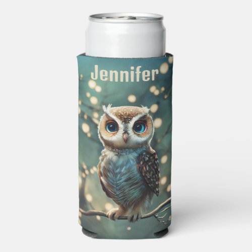 Big Blue Eye Owl Personalize Name Tall Seltzer Can Cooler