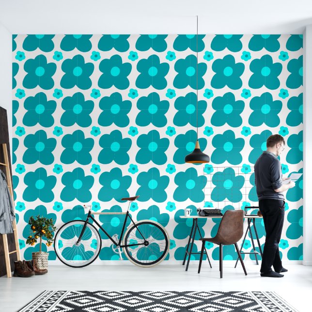 Big Blue Flowers Simple Pattern Wallpaper (Living Room)