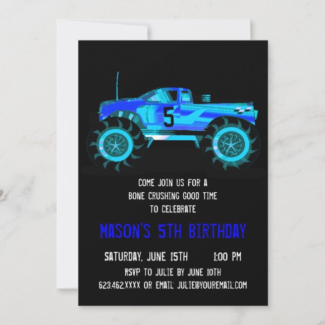 Big Blue Monster Truck Birthday Party Invitations (Front)