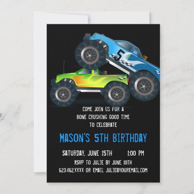 Big Blue Monster Truck Birthday Party Invitations (Front)