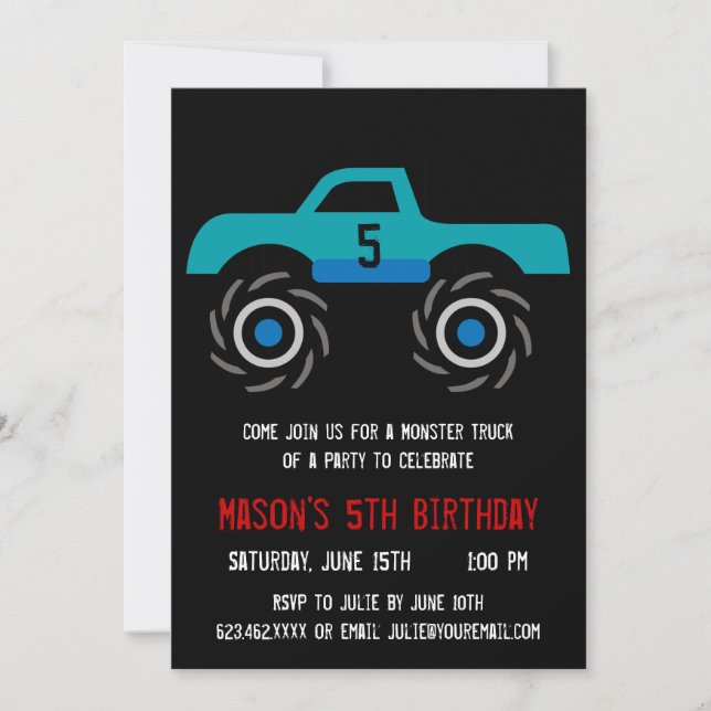 Big Blue Monster Truck Birthday Party Invitations (Front)