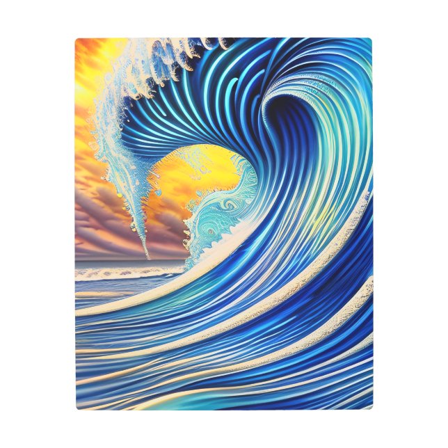 Big Blue Ocean Wave Over Sunset Sky  Metal Print (Front)