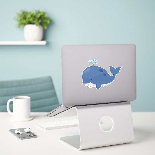 Big Blue Whale Watercolor Sticker (Laptop On Desk)