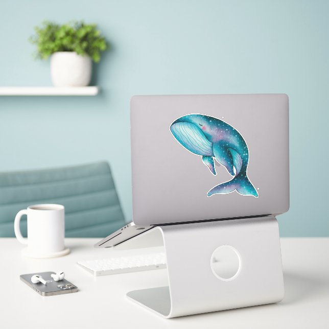 Big Blue Whale Watercolor Sticker (Laptop On Desk)