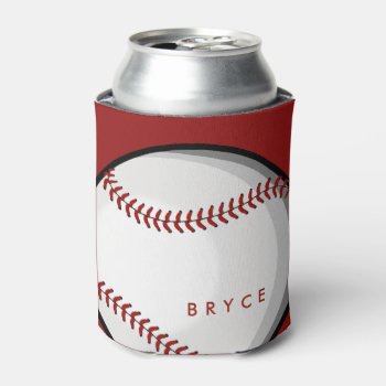 Big Bold Baseball Custom Name Red Can Cooler by HappyPlanetShop at Zazzle